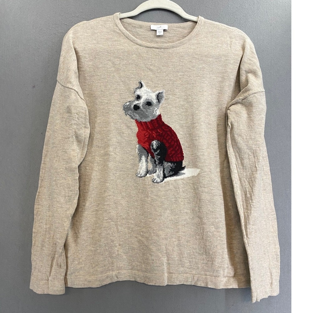 J. Jill Womens Beige Intarsia Dog Graphic Cotton Blend Crew Neck Sweater Medium